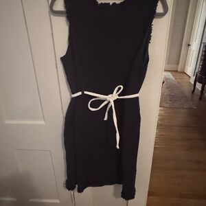 J. Crew Navy Mini Dress with White Belt and frayed hems.